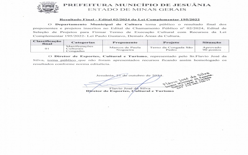 Lei Paulo Gustavo Resultado Final - Edital 01/2024 e 02/2024 da Lei Complementar 195/2022